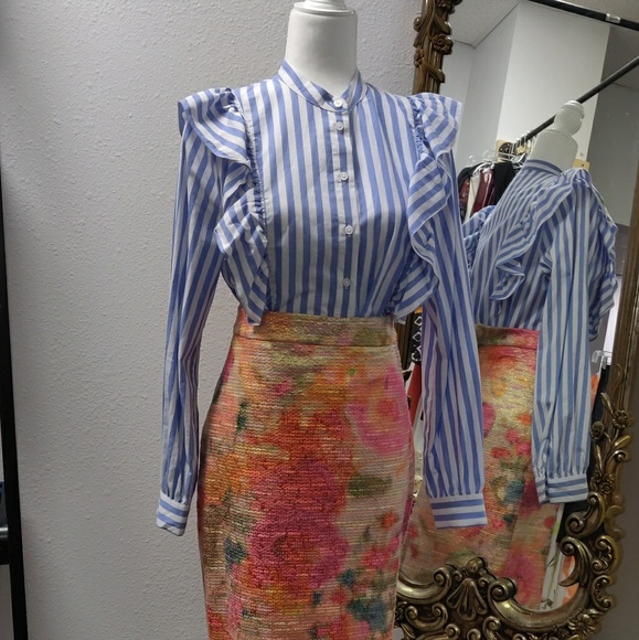 Ruffled strip long sleeve button down top - Picture 2 of 8